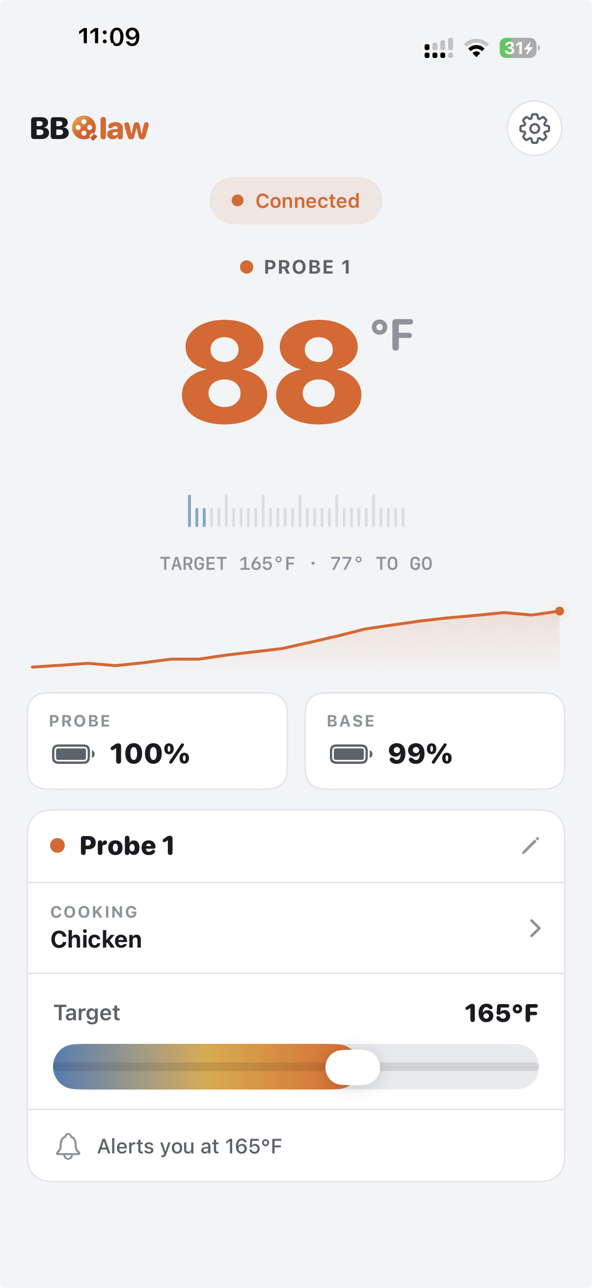 BBQlaw showing a live probe temperature climbing toward its target.